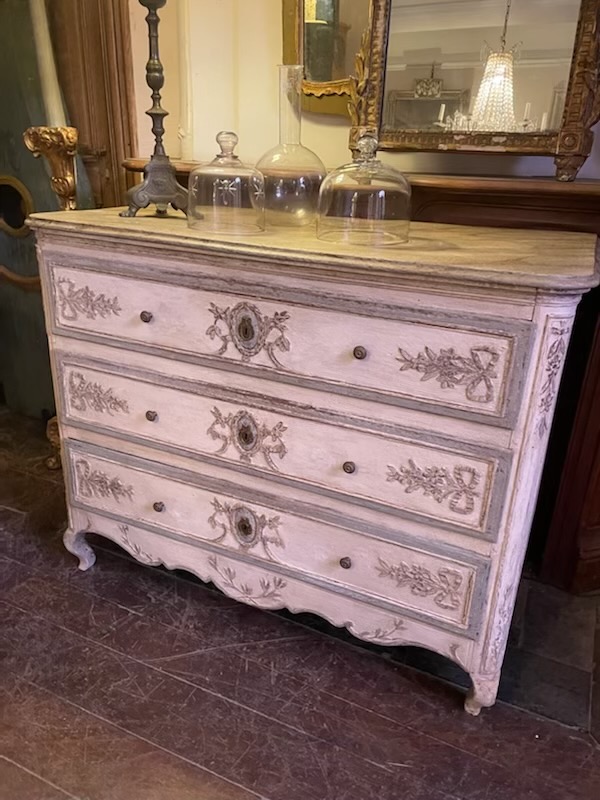 Patinated 3 drawer commode with faux marble top